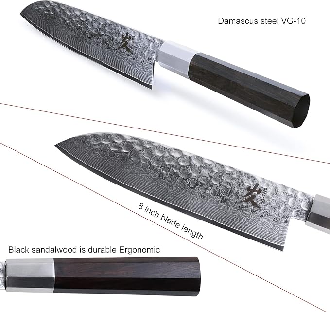SAMCOOK Santoku Chef Knife - 7 Inch Professional Japanese Knife - VG10 Damascus High Carbon Stainless Steel Hammered Damascus Kitchen Knife - Ergonomic Octagonal Ebony Handle with Gift Box