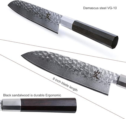 SAMCOOK Santoku Chef Knife - 7 Inch Professional Japanese Knife - VG10 Damascus High Carbon Stainless Steel Hammered Damascus Kitchen Knife - Ergonomic Octagonal Ebony Handle with Gift Box