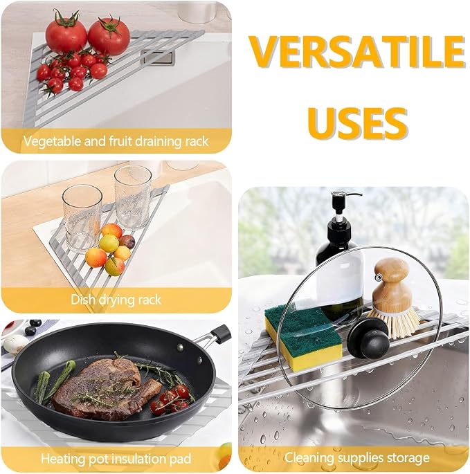 Credon Triangle Roll Up Dish Drying Rack, Foldable Anti-Slip Kitchen Sink Drainer Organizer, Silicone Coated Stainless Steel Frame, Multipurpose Over Sink Corner Caddy for Space Saving (Grey)