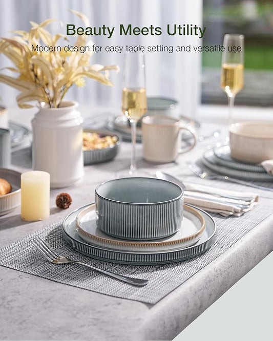 Famiware Star 12-Piece Stoneware Dinnerware Sets for 4, Reactive Glaze Plates and Bowls, Modern Rustic Dishes for Everyday & Formal Use, Chip/Scratch Resistant, Microwave/Dishwasher Safe, White & Blue
