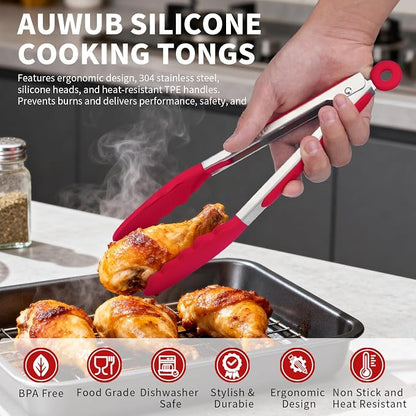 7 Inch Small Silicone Salad Cooking Tongs, Food Serving Tongs with Heat Resistant Non-Slip Grip, Red Color Kitchen Utensils for Salad Charcuterie Board