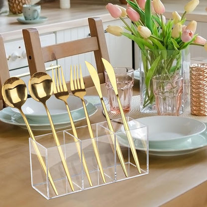 Hxezoc Clear Acrylic Cutlery Storage Organizer, Plastic Transparent Silverware Caddy 3 Section Tableware Holder for Kitchen Indoor Outdoor Decoration Supplies
