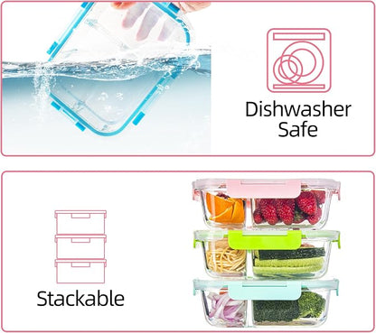 Glass Food Storage Containers 3 Compartment with Lids (5 Pack, 34oz), Divided Glass Meal Prep Containers for Lunch at Work, Leak-Proof Portion Control Food Containers, Microwave/Dishwasher Safe