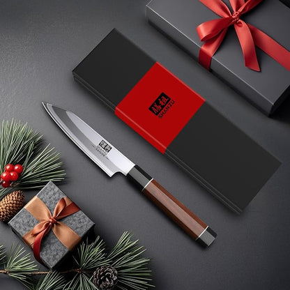 SHAN ZU 3.75 Inch Japanese Paring Knife, 9 Layers 10Cr15MoV High Carbon Steel Small Kitchen Knife, Ultra Sharp Fruit Sashimi Knife with Red Sandalwood Handle, Gifts for Women & Men