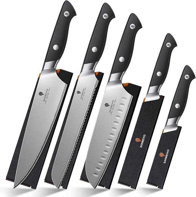 10 PCS Knife Set with Knife Sheath, Japanese Kitchen Knife Set with 5 Layers High Carbon 9Cr18Mov Stainless Steel, Sharp Professional Chef Cooking Knife with Ergonomic Handle, Dishwasher Safe