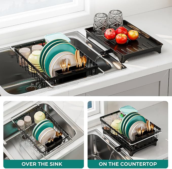 Small Dish Drying Rack in Sink, Expandable Stainless Steel Dish Drainers for Kitchen Counter, with Drain Board & Utensil Holder(Black)