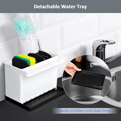 JOMOLA Kitchen Sink Organizer Dish Brush Sponge Holder Caddy Toothbrush Holders for Bathrooms Sinkware Kitchen Utensil Holder Sink Caddy Organizer with 4 Separate Dividers Removable Drain Tray (Black)