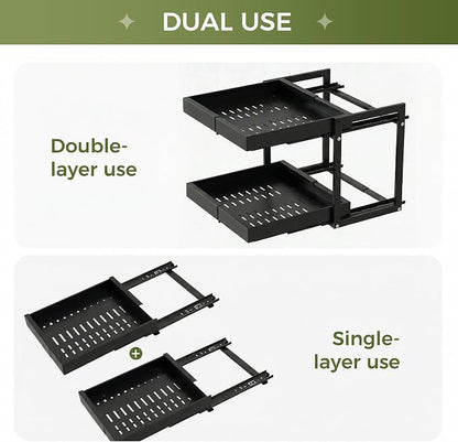 Abalter Expandable Pull Out Cabinet Organizer,2-Tier Slide Out Drawer for Kitchen Cabinets,Adjustable Width 12–18.5",Slide Out Shelves for Kitchen Countertop, Bathroom, Pantry, Heavy Duty Caddy(Black)