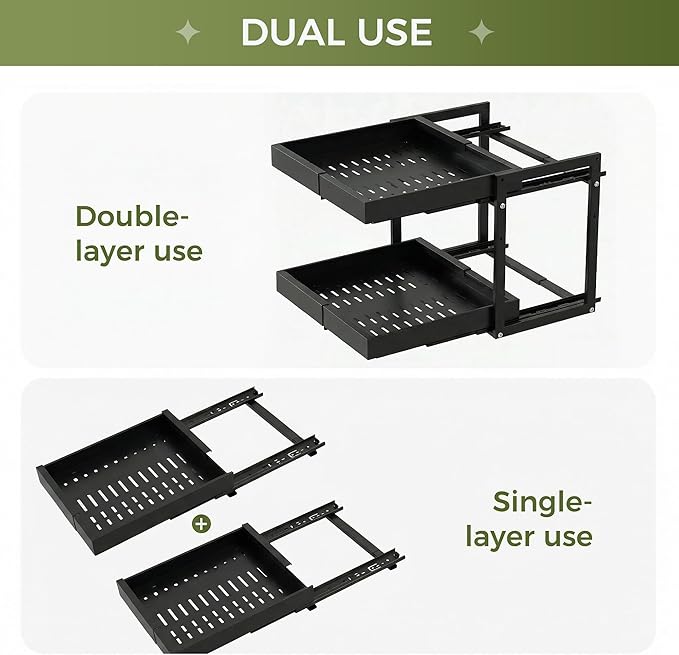 Abalter Expandable Pull Out Cabinet Organizer(12-18.5" W x 21" D), 2-Tier Slide Out Drawer for Kitchen Cabinets, Slide Out Shelves for Kitchen Countertop, Bathroom, Pantry, Heavy Duty Caddy(Black)