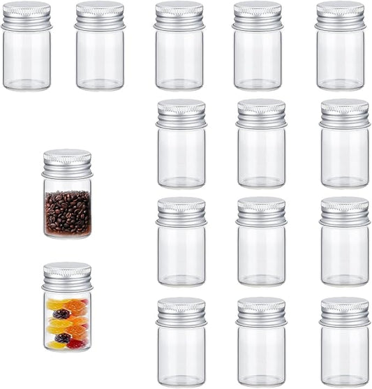 16 PCS Tiny Jars with Aluminum Lids 25ml Small Glass Bottles Empty Spice Jars Transparent Mini Containers Condiment Pot Seasoning Storage Bottle for Home Kitchen Outdoor Camping Hiking BBQ Hunting