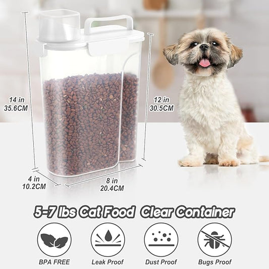 LEAWALK 5-7Lbs Dog Cat Food Storage Container with Upgraded Large Nozzle BPA-free, 4 Snap Seals Plastic Pet Food Storage Containers with Handles (White, 5L-1pack)