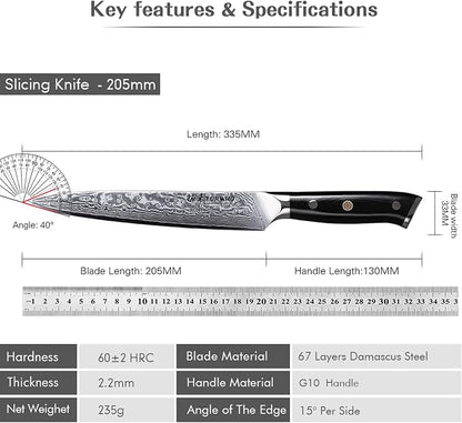 TURWHO Professional Sashimi Knives 8 Inch - Slicing Knife Classic Damascus Japanese VG-10 Steel Kitchen Chef Knife