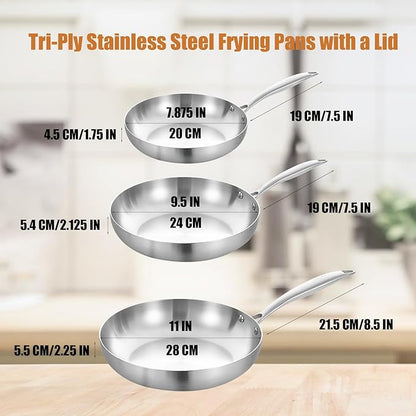 Inqibee Tri-Ply Stainless Steel Frying Pans Set with Lid, 8”/9.5”/11” Skillets, Induction Cooking Pans Set, Riveted Handle, Even Heating and Oven Safe
