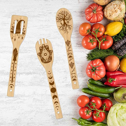 GLOBLELAND 6 Pcs Magic Divination Bamboo Cooking Utensils Wooden Engraved Cooking Spoons Set Carving Kitchen Bamboo Spatula Set for Women and Men Wood Cooking Spoon for Kitchen Fun House Warming Gift