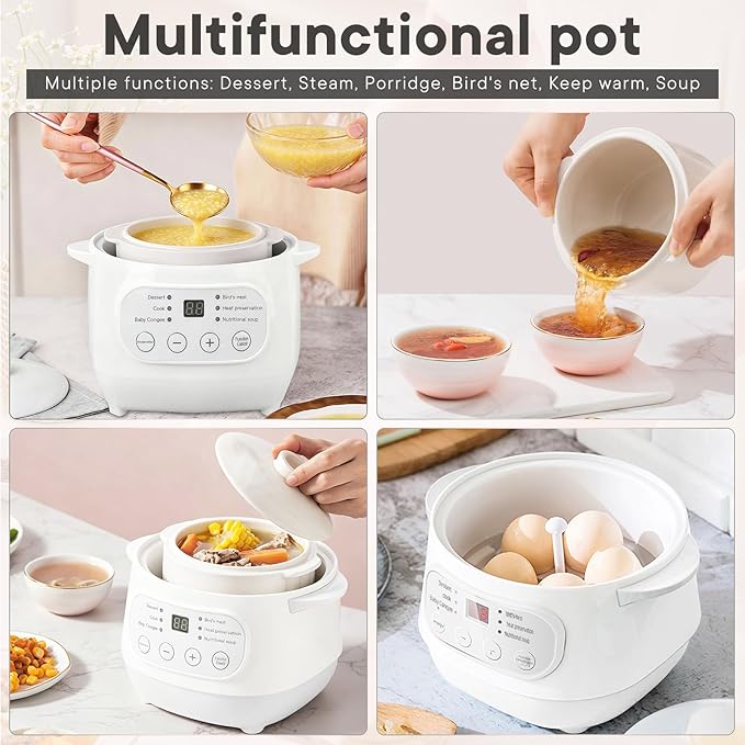 White 1L Mini Slow Cooker with Steamer Basket, 24-Hour Timer and Automatic Keep-Warm Function, 200W Smart Ceramic Electric Slow Cooker, Kitchen Cooking Appliance