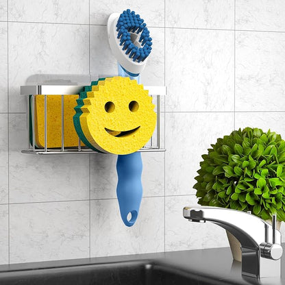 MURLONG Sponge Holder Smiley Face,Sink Caddy for Kitchen Sink,Sponge Holder with 2 PCS Suction Cups/1 PCS Adhesive Strips,Designed for Sponge,Soap,Dish Brush,Scrubber-Silver