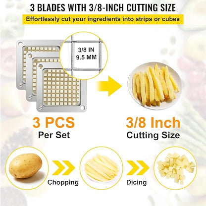 VEVOR Replacement Chopper Blade, 3/8 inch, 3 PCS French Fry Blade Assembly with 6 Extra Knives, Stainless Steel Dicer Parts and Push Block for Cutting Potatoes Carrots Onions Cucumbers Mushrooms