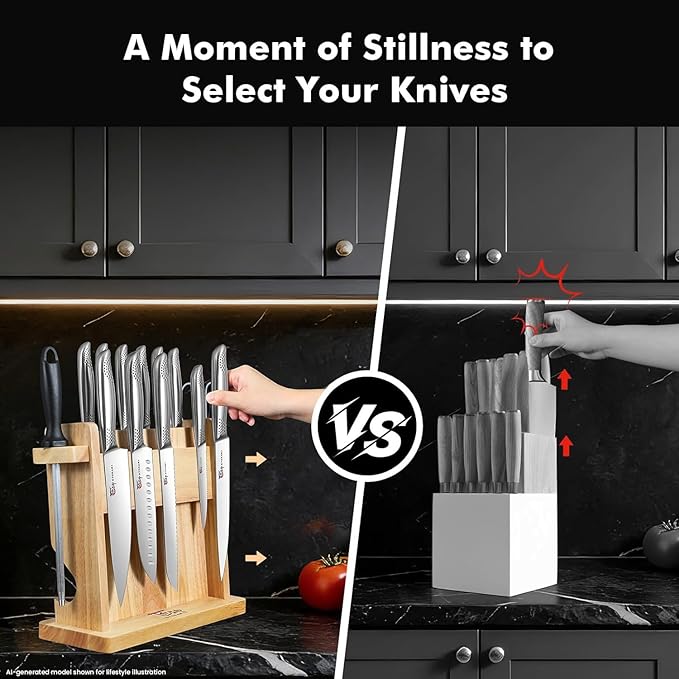 SYOKAMI Japanese Knives Set for Kitchen, Magnetic Knife Set with Block and Sharpener, Stainless Steel Knife Set as Gift for Couple, Wedding, Women or Mom with Gift Box, 14 PCS Black Dot