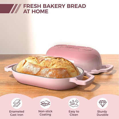 Enameled Cast Iron Sourdough Bread Oven, Wildone 5.5QT Cast Iron Dutch Oven for Homemade Bread Baking, Bread Pan with Lid & Cotton Potholders, Pink