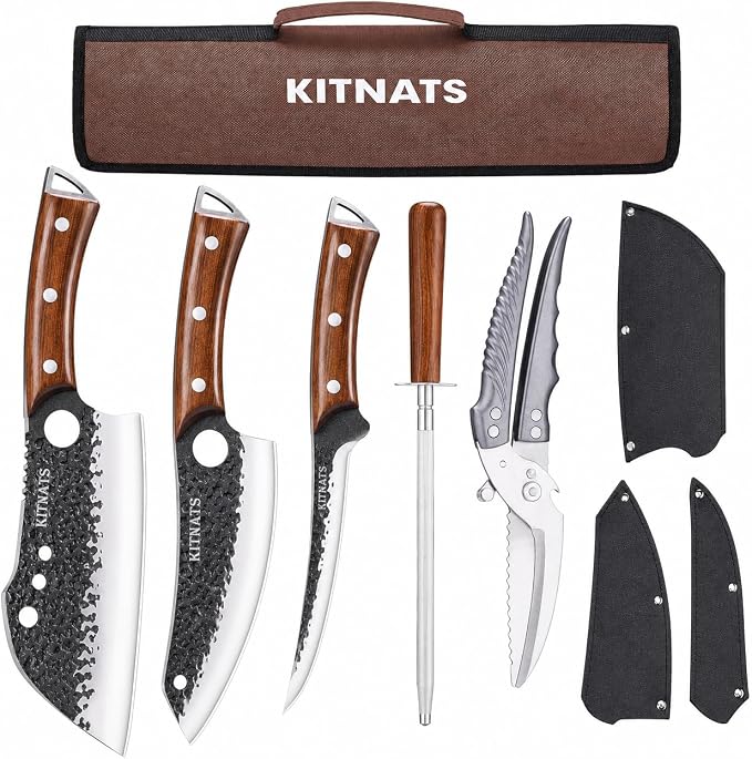KITNATS 9PCS Butcher Knife Set with Roll Bag, Hand Forged Kitchen Knife Set with Meat Cleaver, Boning Knife & Chef Knife for BBQ, Meat Processing, Camping, Outdoor Cooking, Gift for Men