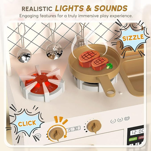 BIERUM Play Kitchen with Realistic Lights & Sounds, Wooden Kitchen Playset Chef Pretend Play Set for Toddlers, Toy Kitchen with 26 Pcs Toy Food & Cookware Accessories, Gift for Ages 3+
