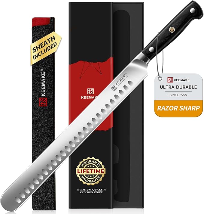 KEEMAKE Brisket Knife, 12‘’ Carving & Slicing Knife with Ergonomic Handle, German High-Carbon Steel, Sheath Included, Razor Sharp for Meat, Roasts, BBQ, Turkey, Grilling Gifts for Men