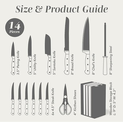 COOK WITH COLOR 14 Pieces Kitchen Knife Block Set, Knives for Kitchen, Forged Cutlery with Razor-Sharp High Carbon Steel Blades, Magnetic Block