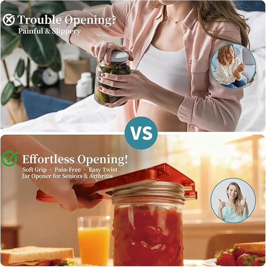 Jar Opener for Weak Hands & Seniors with Arthritis, Easy Twist-Off Lid & Bottle Opener, Ergonomic Handle with Stainless Steel Teeth, Practical Kitchen Gift for Elderly, Women & Men (0.2–5.3 in, Red)