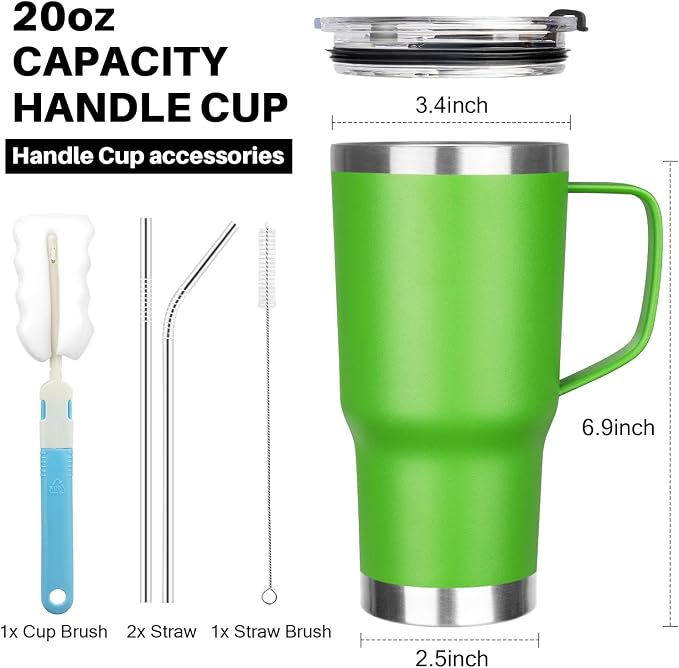 20 oz Tumbler with Handle, Stainless Steel Insulated Tumbler with Lid and Straw, Double Wall Vacuum Coffee Mug Tumbler, Insulated Coffee Thermal Cup for Cold and Hot (Bright Green, 20, ounces)