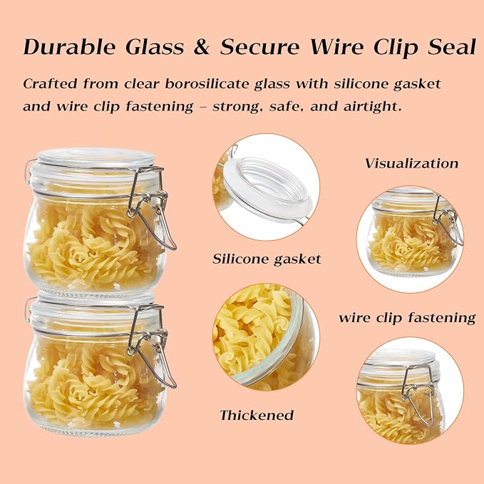 BJONKZ 4 Pack 34 oz Glass Jars with Airtight Lids – Food Storage Containers with Preserving Seal Wire Clip Fastening, Glass Canisters for Kitchen Canning Flour, Cereal, Sugar, Beans (34oz*4)