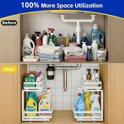 Under Sink Organizer, Dual-Rail Ball-Bearing, Under Kitchen Sink Organizer, 6-Level Adjustable, Under Cabinet Organizer, No-Drill Adhesive/Suction, Under Sink Storage (White, Double Layer - 2 Pack)