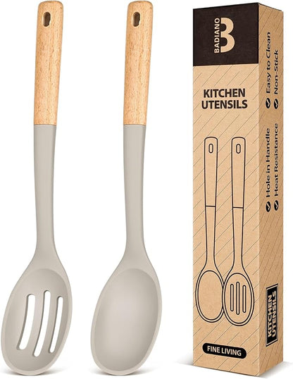 Silicone Cooking Spoons, Great for Scooping Sides and Serving Hearty Stews, BPA-Free Matte Silicone, Wooden Handle Serving Spoon for Nonstick Cooking Surfaces (Khaki)