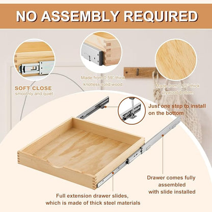 Menkxi 2 Set Wooden Pull out Cabinet Organizer Fully Assembled Slide out Pantry Drawer with Gentle Close Storage Shelf Tray for Base Kitchen Under Sink Bathroom Accessory(Wood Color,21'' X 21'' X 3'')