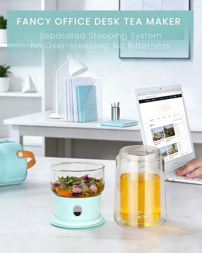 ZENS Modern Glass Tea Infuser Teapot, Smart One Touch Tea Maker for Loose Tea Diffusers with Insulated Mug and Cute Portable Tea Kits for Tea Lover Gifts