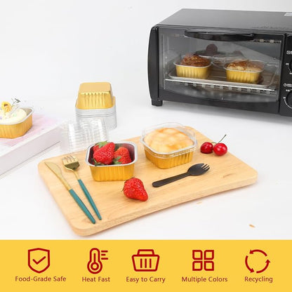 LNYZQUS Disposable Ramekins With Lids 40 Pack, 5oz Aluminum Foil Mini Cupcake Muffin Pan,Square Mini Cake Pan Brownie Baking Cups Muffin Tin Dessert Cups For Wedding Party-Gold
