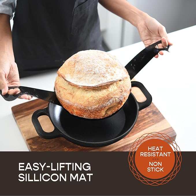 Enameled Cast Iron Dutch Oven for Sourdough Bread Baking | 6 Quart Round Pot with Lid | 10 Inch Ceramic Enamel Thick Coated Cookware Set with Non Stick Silicone Baking Mat for Cooking | 6 Qt |Black