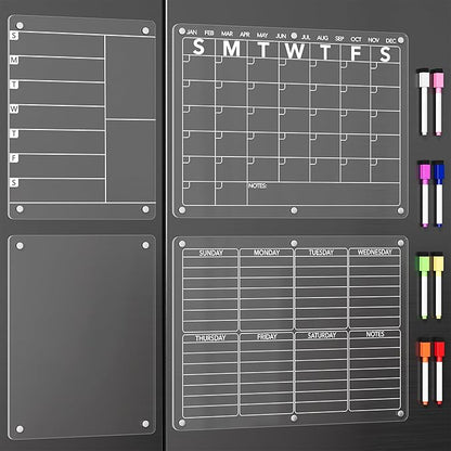 Neatsure 4Pcs Acrylic Magnetic Dry Erase Board Calendar for Fridge, Clear Monthly Weekly Daily Meal Menu Planner Whiteboard for Refrigerator, Notepad Memo White Board, w/ 8 Colors Markers, 15"x11"