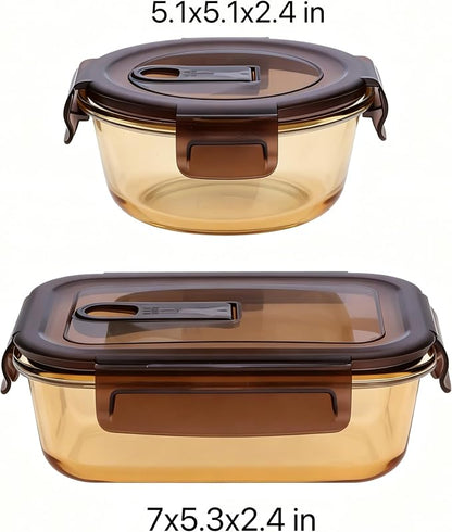Smartest Lock Glass Food Storage Container Set with Insulated Lunch Bag, 24 oz Rectangle and 16 oz Round Containers, Utensils Included, Amber Glass