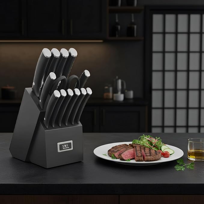 WANGMAZI Kitchen Knife Set, 15 Pcs Premium Stainless Steel Knife Block Set, Professional Chef Knife Set, Anti-Slip Sharp Knives Set for Home, Kitchen, Black