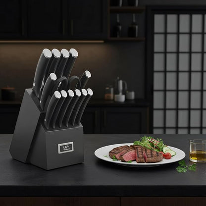 WANGMAZI Kitchen Knife Set, 15 Pcs Premium Stainless Steel Knife Block Set, Professional Chef Knife Set, Anti-Slip Sharp Knives Set for Home, Kitchen, Black