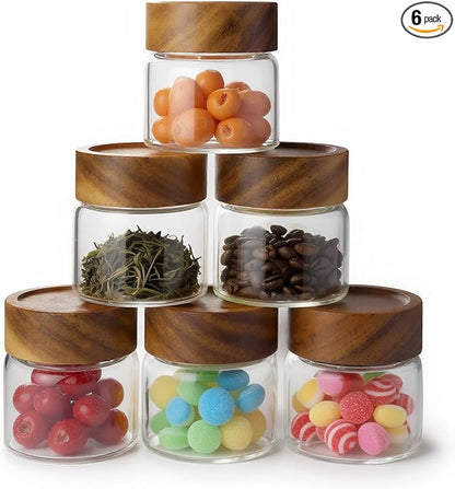 6-Pack 6 fl oz Stackable Airtight Glass Jars (with Acacia Wood Lids + Sticker Labels) – Small Mason Jars designed for overnight oats, spices, dry goods, and kitchen organization.