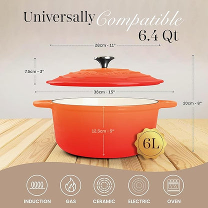 Nuovva Enamelled Cast Iron Dutch Oven Pot with Lid-6.4 Quart Non Stick Casserole Pot-Heavy Duty & Oven Safe up to 500° F for Bread Baking, Braising, Stews, Roasting - 28cm Orange