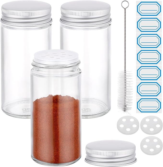 Segarty 4oz Spices Jars with Silver Aluminum Lid, 3 Pack 120ml Round Spice Containers, Empty Glass Seasoning Organizers for Spices Storage, Small Salt and Pepper Shakers with 7 Stickers, 1 Brush
