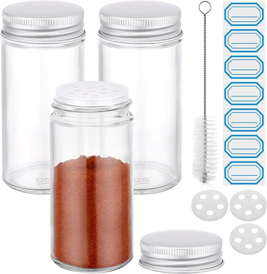 Segarty 4oz Spices Jars with Silver Aluminum Lid, 3 Pack 120ml Round Spice Containers, Empty Glass Seasoning Organizers for Spices Storage, Small Salt and Pepper Shakers with 7 Stickers, 1 Brush