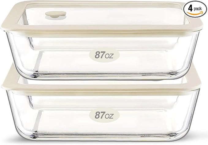Urban Green Glass Food Container Set with Glass Lid, Large Meal Prep Container Set, Airtight Food Storage Containers with Air Vent Lid, 2 Pack, Large, 87oz, LeakProof, 100% Plastic Free, White color,