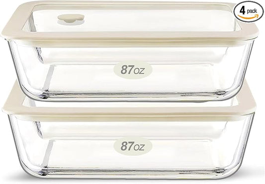 Urban Green Glass Food Container Set with Glass Lid, Large Meal Prep Container Set, Airtight Food Storage Containers with Air Vent Lid, 2 Pack, Large, 87oz, LeakProof, 100% Plastic Free, White color,