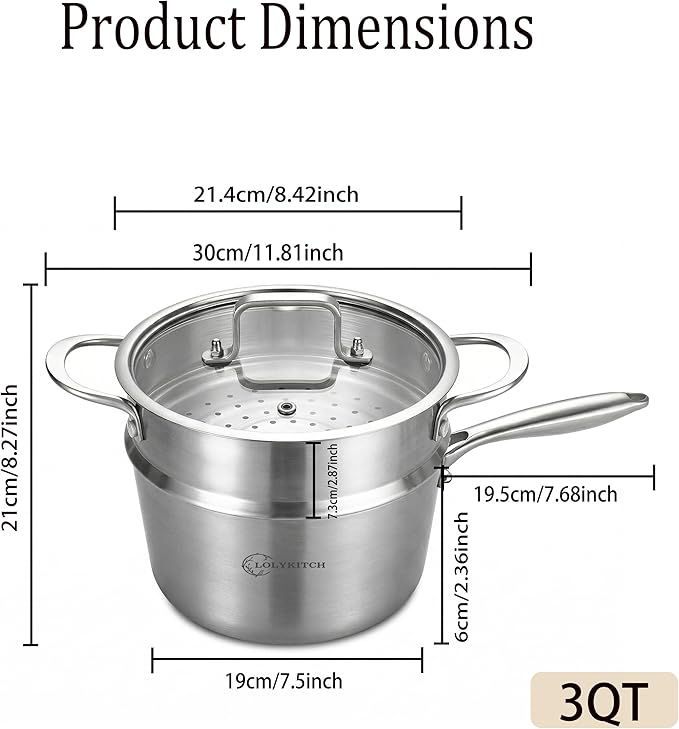 LOLYKITCH 3 Quart Stainless Steel Saucepan with Steamer & Glass Lid, Tri-Ply Whole-Clad Steaming Pot for Cooking, Induction Steamer Sauce Pot for Tamales Seafood Vegetables Dumplings, Thick