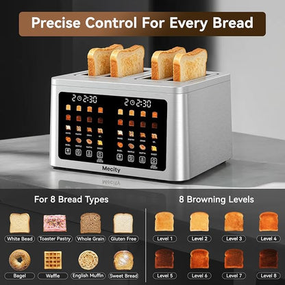 Mecity 4 Slice Toaster Wide Slot, Auto Lift Keep Warm Smart Toaster with Touch Screen, Dual Control Panel, Defrost, Auto Shut Off Digital Toasters for Bagel Muffin Waffle Gluten Free Breads 1700W 120V