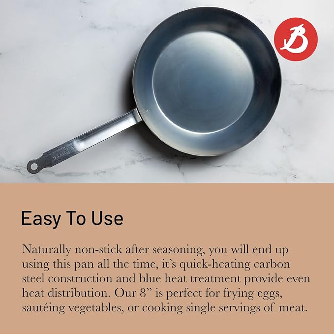 de Buyer - Blue Carbon Steel Fry Pan 2mm Thick - 8” Diameter, 5.5” Cooking Surface - Oven Safe - Naturally Non-Stick Finish - Made in France