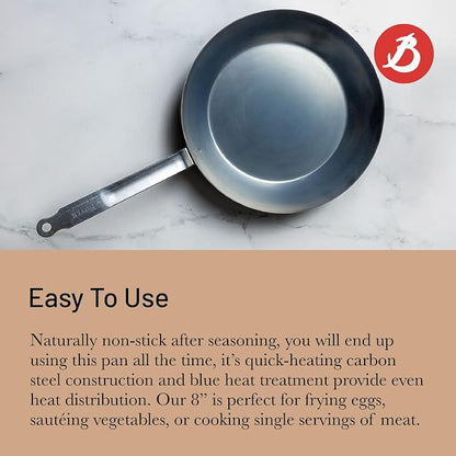 de Buyer - Blue Carbon Steel Fry Pan 2mm Thick - 8” Diameter, 5.5” Cooking Surface - Oven Safe - Naturally Non-Stick Finish - Made in France